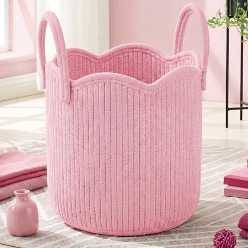 Pink Scalloped Woven Blanket Basket 12" x 12" x 12" Cotton Rope Laundry Basket Hamper Cute Round Decorative Storage Bin with Handles for Baby Nursery Living Room Bedroom Bathroom - color: Pink