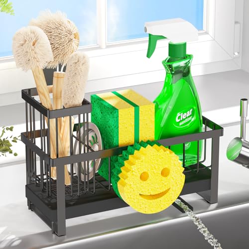 Sponge Holder for Kitchen Sink,Sink Caddy with Removable Dish Brush Holder,Self-Draining Kitchen Countertop Organizers and Storage Essentials,Soap Dispenser Organize and Home Decor-Black - color: 1 Tier Black-Tray