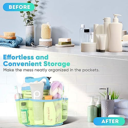 EUDELE Mesh Shower Caddy Portable, 8-Pocket Large Capacity, Quick Dry, Easy Clean, Ideal for Beach, Swimming, Gym, Travel - color: Fluorescent Green-Light Blue