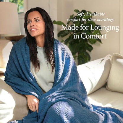 Threadmill Luxury Cotton Blankets for Twin Size Bed | All-Season 100% Cotton Twin Blanket for Bed | Herringbone Soft & Cozy Fall Thermal Blanket, 350GSM, 68x92 inches | Folkstone Blue | 100% Cotton, Herringbone Pattern, 350 GSM, 68x92 in, Breathable, All-
