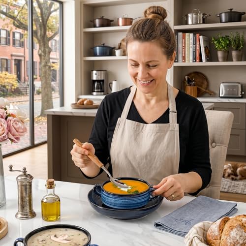 HASENSE French Onion Soup Bowls with Handles, 20 Oz Ceramic Soup Crocks Set of 2, Stackable Serving Bowls for Chili, Stew, Cereal & Pasta, Microwave Dishwasher Safe, Blue Farmhouse Kitchenware - color: Blue, size: Set of 2