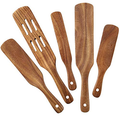 MESSON Wooden Spatulas Set of 5, Teak Wood Spurtles for Nonstick Cookware | Teak Wood, Heat Resistant, Lightweight, Nonstick Safe, for Instant Pot Baking & Stirring, Easy Grip Handle with Hanging Hole