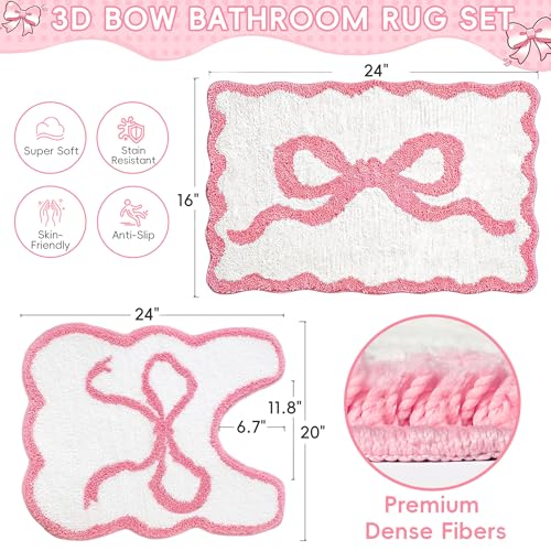 Pink Bow Bathroom Rug Set, 2-Piece Bow Bath Mat and U-Shaped Toilet Rug | Coordinated Tub-and-Toilet Styling; Scalloped Edges; Plush Microfiber; 16 X 24 In + 24 X 20 In; TPR Backing; Washable - color: Pink Bow