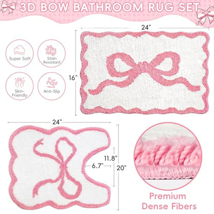 Pink Bow Bathroom Rug Set, 2-Piece Bow Bath Mat and U-Shaped Toilet Rug | Coordinated Tub-and-Toilet Styling; Scalloped Edges; Plush Microfiber; 16 X 24 In + 24 X 20 In; TPR Backing; Washable - color: Pink Bow