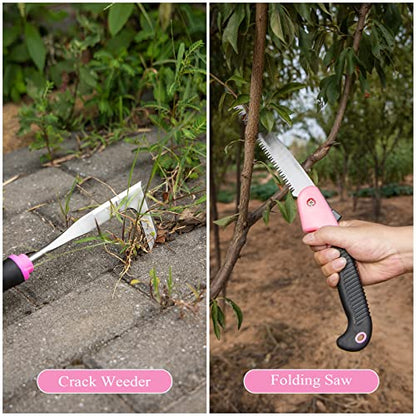 Pink Garden Tool Set Gardening Items for Women - 24PCS Heavy Duty Garden Tools with Detachable Storage Bag, Succulent Tool Set, Weeder - color: Pink