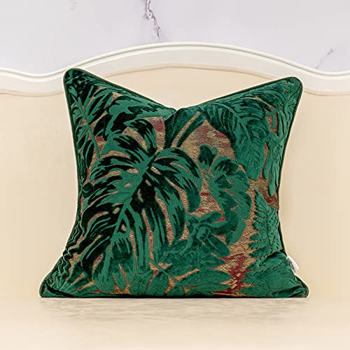 Alerfa 18 x 18 Inch Green Teal Square Maple Leaf Pillow Embroidery Cut Velvet Cushion Case Luxury Modern Lumbar Throw Pillow Cover Decorative Pillow for Couch Sofa Living Room Bedroom Car - color: Green Leaf, size: 18" x 18" (Pack of 1)