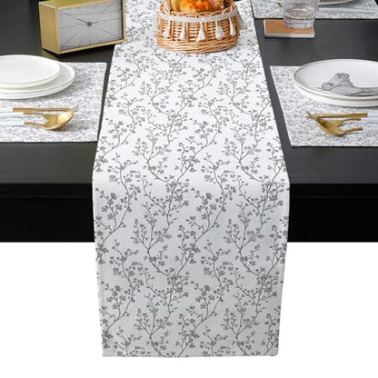 Table Runner and Placemats Set of 6 Flower Decorative Dining Table Runner with Matching Placemats Floral Tree Branch Gray Table Decor for Kitchen Dining Room and Everyday Use 13x90in - size: 13"x90"+6pcs
