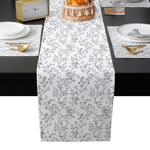 Table Runner and Placemats Set of 4 Flower Decorative Dining Table Runner with Matching Placemats Floral Tree Branch Gray Table Decor for Kitchen Dining Room and Everyday Use 13x70in - size: 13"x70"+4pcs