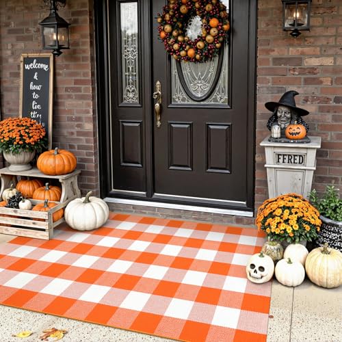 Uphome Bufflo Plaid Outdoor Rug 3'x5', Fall Decor Checkered Front Door Mat, Indoor Outdoor Farmhouse Porch Rug for Layered Door Mats, Washable Halloween White/Orange Area Rugs for Patio Entryway - color: White/Orange, size: 3'x5'
