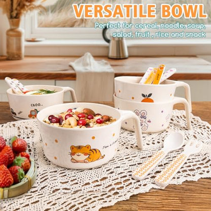shopwithgreen Bamboo Kids Bowls Set, 4 Reusable Small Bowls for Baby Toddlers, Dinnerware Cereal Snack Soup Rice Bowl with 4 Spoons & Forks, Dishwasher Safe Bamboo Baby Food Bowls, BPA Free, 14.5 OZ