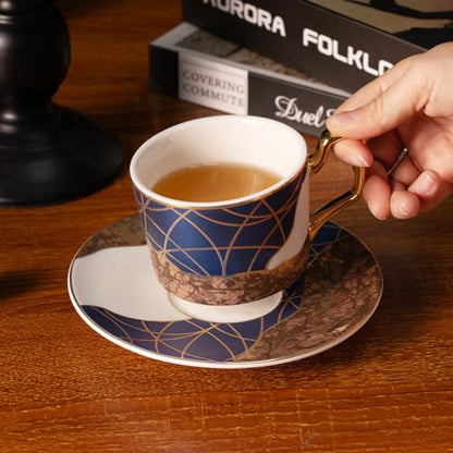 KAMMAK Tea Cups and Saucers Set of 2, Porcelain Coffee Cups, NX028 | Gold Rim, Stackable Espresso Mugs, Ceramic Demitasse for Coffee, Latte, Americano, Afternoon Tea, Elegant Gift for Women - size: 8CZNX028