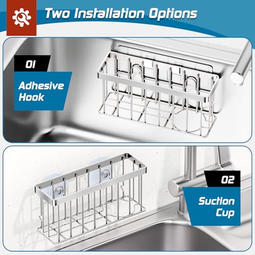 MURLONG Sponge Holder for Kitchen Sink,Sink Caddy Organizer with Suction Cups/Adhesive Strips,Dish Sponge Holder Design for Sponges,Scrubber,Stoppers-Silver - color: Silver