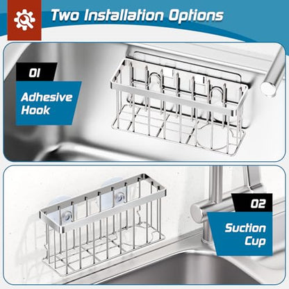 MURLONG Sponge Holder for Kitchen Sink,Sink Caddy Organizer with Suction Cups/Adhesive Strips,Dish Sponge Holder Design for Sponges,Scrubber,Stoppers-Silver - color: Silver