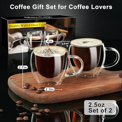 PARACITY Double Wall Glass Espresso Cups, 2.7 oz Expresso Shots, Set of 2 | Transparent borosilicate cups with handles are great espresso accessories for espresso, cappuccino, latte and cold drinks. - size: 2.7 Ounces