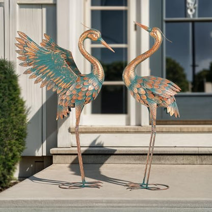 36.8" Metal Crane Garden Statue, Extra-Large Heron Yard Art | Handcrafted Blue Heron with U-ground Stakes for Stability. Weatherproof Iron Bird Art for Backyard, Lawn, Pond, or Patio. - color: 36" -Weathered Copper Blue
