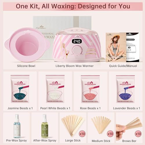 Lifestance Waxing Kit for Women & Men - L3 Liberty Bloom Digital Warmer, Silicone Wax Pot Liner, Hair Removal Kit with 14.1oz Hard Wax Beads & Oil Spray Professional for Home Brazilian Bikini Face Leg - color: Chic Enhanced LCD (Liberty Bloom) Kit