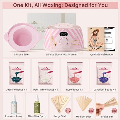Lifestance Waxing Kit for Women & Men - L3 Liberty Bloom Digital Warmer, Silicone Wax Pot Liner, Hair Removal Kit with 14.1oz Hard Wax Beads & Oil Spray Professional for Home Brazilian Bikini Face Leg - color: Chic Enhanced LCD (Liberty Bloom) Kit