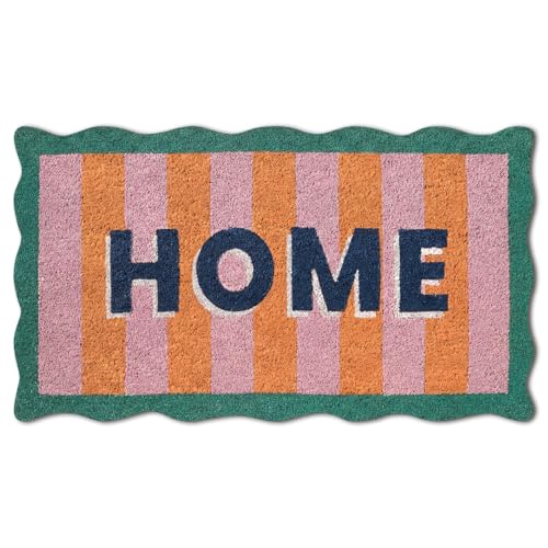 Scalloped Coir Welcome Doormat, 16 x 28 Inch Entrance Mat,Stripe,Classic | Cute Door Mat Decorative Non Slip, Heavy Duty Natural Coir Rug for Front Door, Porch, Patio, Garage