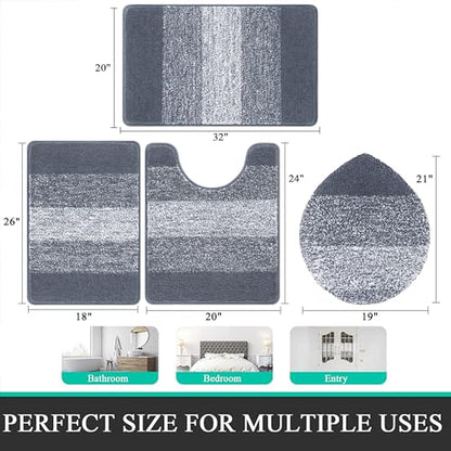 Bsmathom Bathroom Rug Set 4 Piece, Plush Microfiber Bath Mat, Dark Grey | Super Water Absorbent, Non Slip Machine Washable Bath Rug Sets with Toilet Lid Cover and U-shaped Contour Toilet Mat - color: Dark Grey, size: 18"x26"+20"x31"+U20"x24"+Cover19"x21"