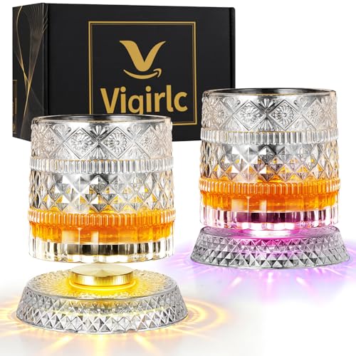 Luxury 360° Spinning Crystal Whiskey Glass Set Of 2, Rotating Old Fashioned Rocks Glasses & & 4 Color Lighting, Scotch & Bourbon, Cocktail Glasses for Bar, Party, Home, and Gift (Star Diamond) - color: Star Diamond