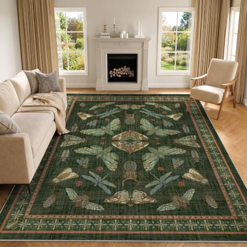 Arenarug Area Rug 8x10 Non Slip Washable Rug Insect Boho Soft Distressed Vintage Lightweight Low Pile Carpet for Living Room, Bedroom, Dining Room, Kitchen, Office, Dark Green - color: Dark Green, size: 8'x10'