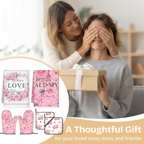 Pink Floral Kitchen Towel and Oven Mitt Set, 6 Piece Rose Floral Farmhouse Kitchen Accessories, Waterproof Heat Resistant Decor for Women
