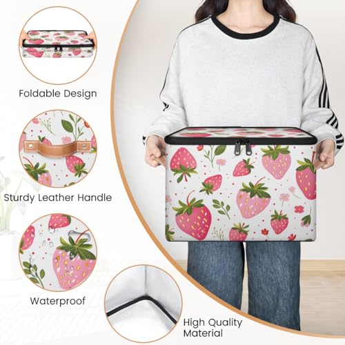 Storage Bin with Lid, Strawberry Stackable Closet Storage Bins, Decorative Bedroom Organizer Box, Lidded Baskets Living Room Storages Boxes Cube Organizer, Cute Container with Handles