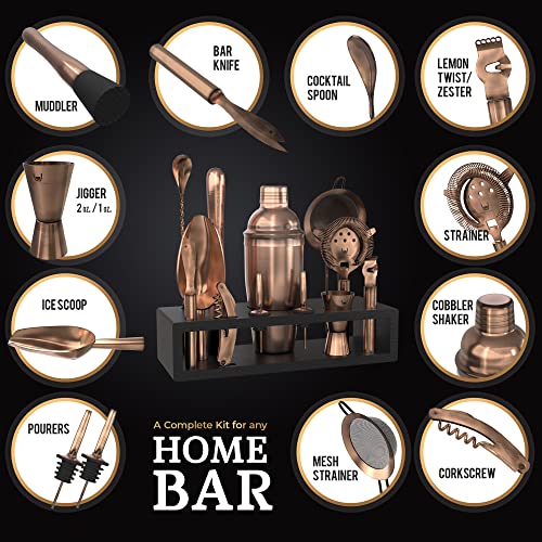 Highball & Chaser Bartender Kit with Espresso Bamboo Stand. Beautiful Cobbler Cocktail Shaker Set with Bar Tools Rustproof Stainless Steel Bar Set (Antique Copper) - color: Copper