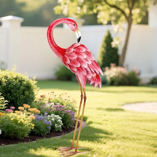 Shorayn Garden Statue Metal Flamingo Pink Life-Size Indoor Outdoor Decor Handmade Bird
