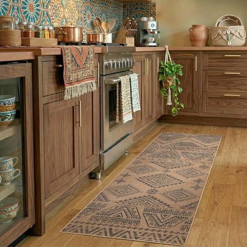 jinchan 2x6 Faux Jute Runner Rug Washable Boho Hallway Rug Natural Charcoal | Southwestern Geometric, Non-Slip Low Pile, Indoor Outdoor, High-Traffic, Kitchen, Bathroom, Laundry, Porch, Balcony, Entryway - color: Natural Charcoal, size: 2' x 6' (Rectangul