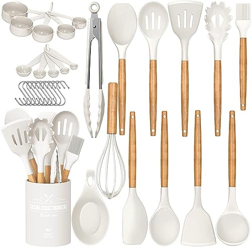 Umite Chef Kitchen Cooking Utensils Set, 33 pcs Non-stick Silicone Cooking Kitchen Utensils Spatula Set with Holder, Wooden Handle Silicone Kitchen Gadgets Utensil Set (Cream White) - color: Cream White