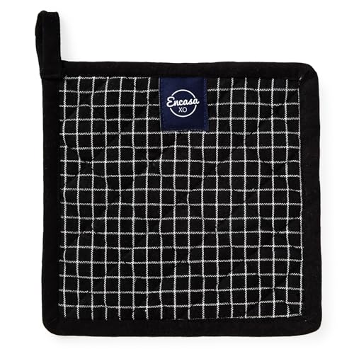 Encasa XO Pot Holders, Quilted Kitchen Hot Pads 8"x8" Butcher Checks Black | 100% Eco-Friendly Cotton | Thick Cotton Padding Insulation | Convenient Hanging Loop | Set of 2 - color: Butcher Checks Black