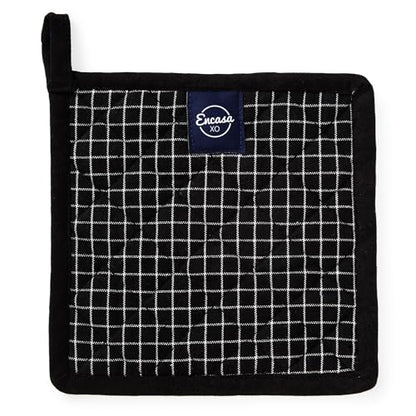Encasa XO Pot Holders, Quilted Kitchen Hot Pads 8"x8" Butcher Checks Black | 100% Eco-Friendly Cotton | Thick Cotton Padding Insulation | Convenient Hanging Loop | Set of 2 - color: Butcher Checks Black