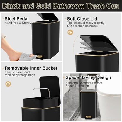XLHOMO Black Bathroom Accessories 8 Piece Black and Gold Bathroom Set, Bathroom Accessories with Stainless Steel Bathroom Trash Can,Toilet Brush,Toothbrush Set,Soap Dispenser - size: Black, style: Bath Set