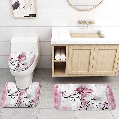 Rustic Farmhouse Bath Mat Set, Farm Pink Daisy Floral Flowers and Butterfly on Country Wooden Bathroom Mat Set with Non-Slip Bath Rug, Soft Toilet Lid Cover and Contour Mat, Grey White(Pink) - color: Pink