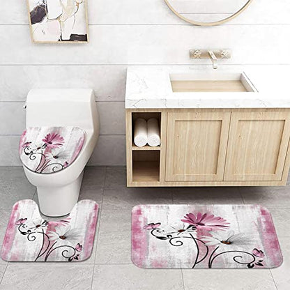 Rustic Farmhouse Bath Mat Set, Farm Pink Daisy Floral Flowers and Butterfly on Country Wooden Bathroom Mat Set with Non-Slip Bath Rug, Soft Toilet Lid Cover and Contour Mat, Grey White(Pink) - color: Pink