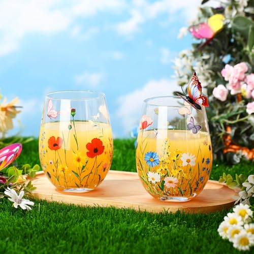 Sliner 2 Pack 17oz Wildflower Stemless Wine Glasses Floral Butterfly Drinking Glasses Spring Flowers Tumbler Cups for Graduation Wedding Mother's Day Birthday Drinking Party Favors - style: Wildflower