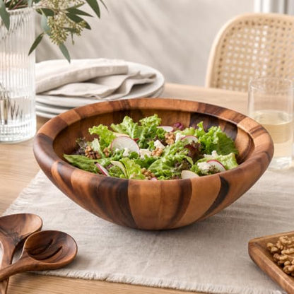 Arthur Court Acacia Wood Salad Bowl - Modern Wavy Design for Fruits and Salads - 6" Tall, 16" Diameter - size: Salinas