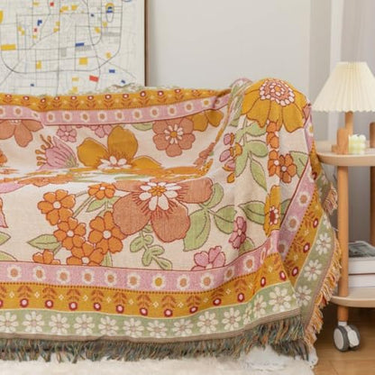 Versatile Floral Throw Blanket - Soft, Breathable Cotton for Couch & Bed, Decorative Art Style, Machine Washable