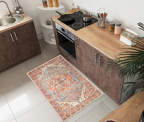 Keen Home Design Vintage Washable Entryway Rug, Non-Slip Low Pile, 2x3 | Machine Washable Cotton Chenille, 0.25In Low Pile, Rubber Non-Slip Back; Kitchen, Entryway, Bathroom, Bedside - color: Blue / Orange, size: 2' x 3' (Rectangular)