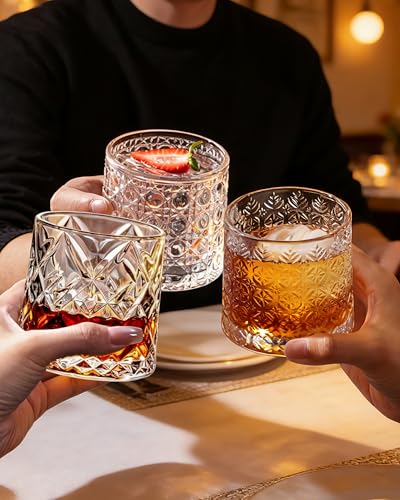 CEEFU 360° Spinning Whiskey Glasses Set with Gift Box, Set of 2 | Old Fashioned with Rotating Base - 2 Big Ice Ball Molds - Bourbon, Cocktail, Rocks, Bday Gifts Ideas for Men, Ice Crackle - size: 9.5 oz-Ice Crackle Pattern