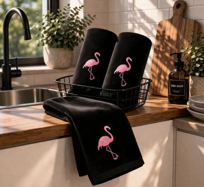 3-Pack Flamingo Fingertip Kitchen Towels, Deluxe Premium Terry Velour Hand Towels, 100% Cotton, Quick Drying and Highly Absorbent, Ultra Soft Bath Towels Set (Black) - color: Flamingo Black