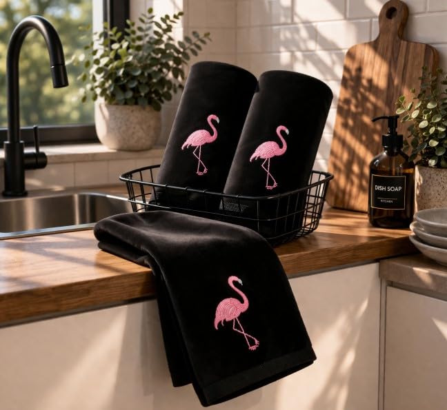 3-Pack Flamingo Fingertip Kitchen Towels, Deluxe Premium Terry-Velour Hand Towels 100% Cotton, Quick Drying and Highly Absorbent Bath Hand Towels .Ultra Soft, Premium Hand Towels Set.(Black) - color: Flamingo Black
