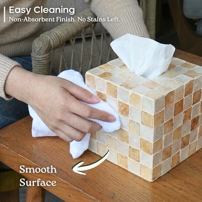 5.5" Tissue Box Cover Square, Capiz Shell Tissue Holder, Ivory | Bottom Slider, Checkerboard Cube Tissue Box Holder For Kleenex, Neutral Beige Square Tissue Box Cover Bathroom, Coffee Table - color: Ivory