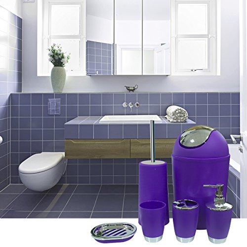 Bathroom Accessories Set, 6-Piece Plastic Gift Set, Toothbrush Holder, Toothbrush Cup, Soap Dispenser, Soap Dish, Toilet Brush Holder, Trash Can (Purple) - color: Purple