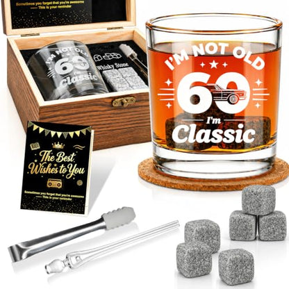 60th Birthday Gifts for Men - "I'm Not Old I'm Classic" Whiskey Glass Set | 6 Whiskey Stones, Coaster, Pipette, Tongs & Greeting Card, Perfect 60th Birthday Surprise for Dad, Grandpa Who Loves Scotch - style: 60th Mens Gifts
