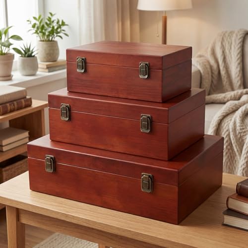 Sliner 3 Pcs Wooden Decorative Storage Boxes with Lids Vintage Wood Organizer Bins for Your Bookshelf Home Decor Safely Store Photos Documents Memory Jewelry Craft Storage (Light Brown,S M L Size) - color: Light Brown, size: S M L Size