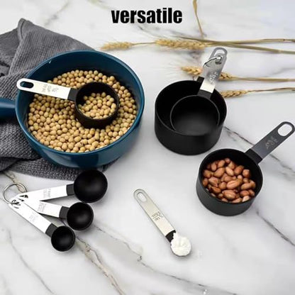 8 PCS Tainless Steel Measuring Cups and Spoons Set, Nesting Measuring Cup and Spoon Set for Precise Cooking Measurements in the Kitchen, Black - color: Black
