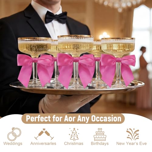 Set of 24 Plastic Champagne Coupe Glasses with Bow 7 oz Gold Champagne Tower Set Stackable Acrylic Ribbed Martini Glasses Cocktail Coupe Cup for Wedding Birthday Party Bar(Ribbon,Hot Pink) - color: Hot Pink, style: Ribbon