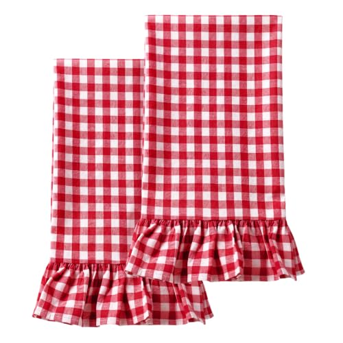 HunnmingRe Red Kitchen Towels Set of 2, 100% Cotton Ruffled Gingham Dish Towels 18"x28" Tea Cloths Classic Plaid Pattern for Farmhouse Charm, Drying Dishes, Entertaining Guests - color: Red, style: Gingham